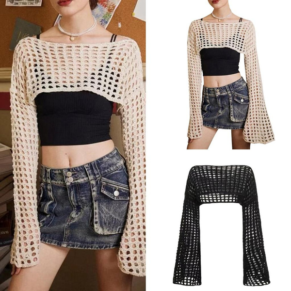 Womens Mesh Crochet Crop Top Long Sleeve HollowOut Cropped Knit