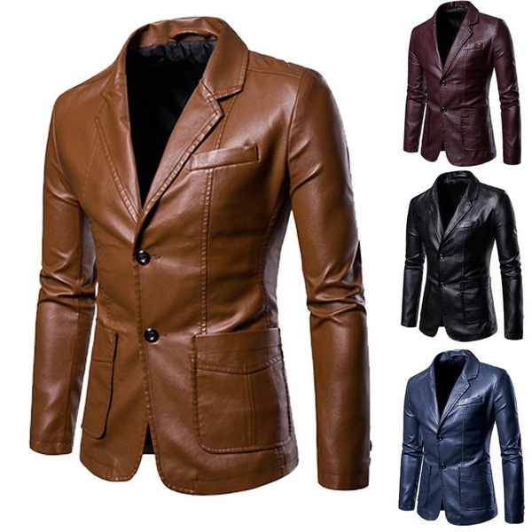 Men's Leather Jacket Lapel Button Leather Jacket Leather Suit Warm Wash ...