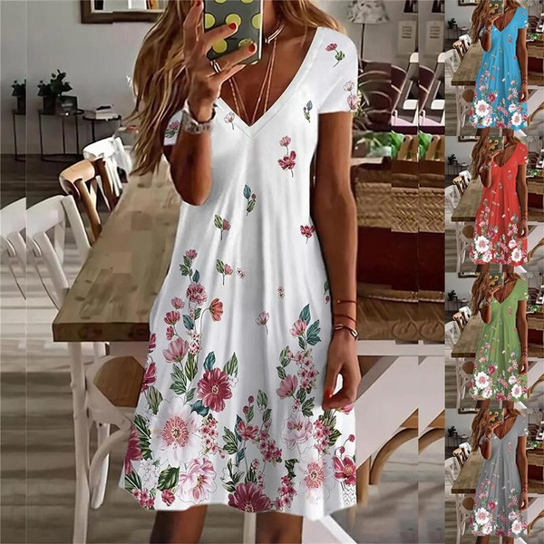 Fashion Women Summer Dresses Casual V-neck Short Sleeve Floral Printed ...