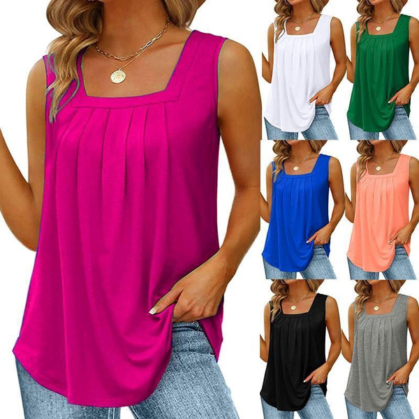 XS-6XL Womens Fashion Clothing Summer Tops for Woman Plus Size Camisole  Casual Sleeveless Pleated Blouses Solid Color T-shirt Ladies Cotton Loose