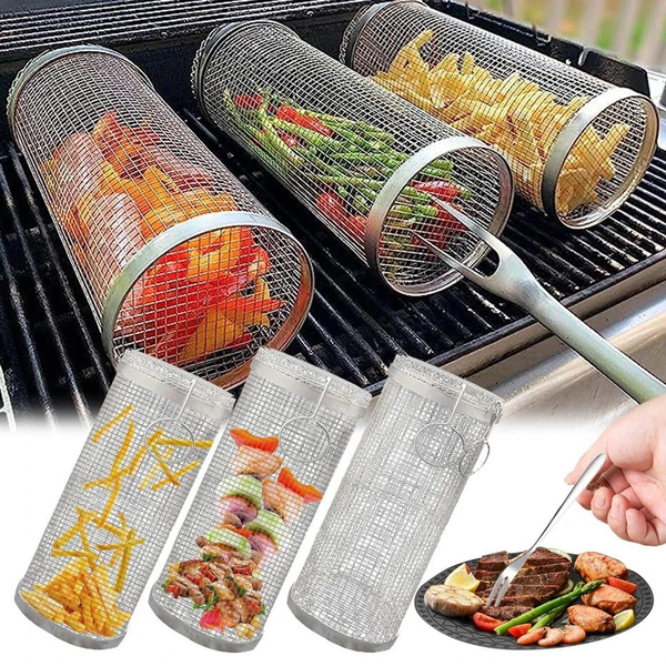 Large Stainless Steel Rolling Grilling Basket Mesh Barbeque Grill