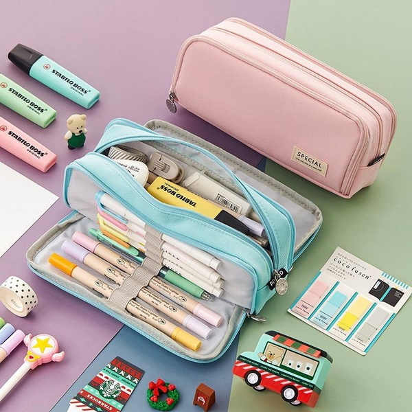 Double Zipper Pencil Case Students Pencil Cases Big Pen Bags