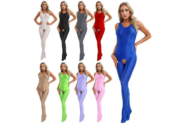 Women's Sleeveless Open Crotch Bodysuit Glossy Stretchy Solid