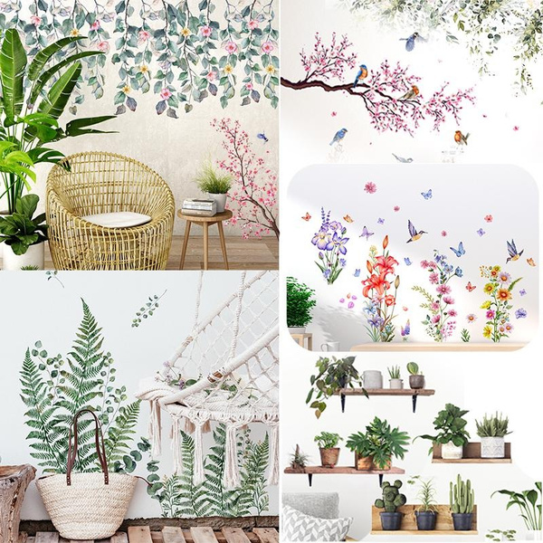 12-types-3d-vivid-green-plants-pink-flower-wall-stickers-decal-for