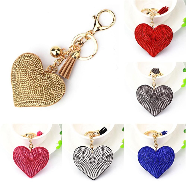 Fashion Heart Pendant Key Chain Silver Plated Rhinestone Tassel Car Keychain Fashion Key Ring