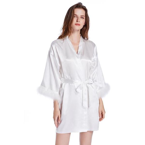 sexy Feather Bathrobes Satin Sexy Mini Dress casual Peignoirs For Women ...