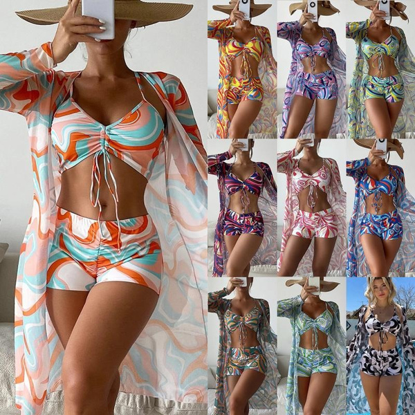 Printed Push Up Bikinis Drawstring Mesh Long Sleeve 3 Piece