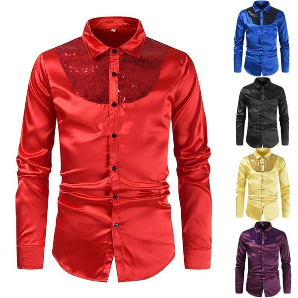 Costume homme chemise homme Satin soie lisse luxe paillettes chemise ...