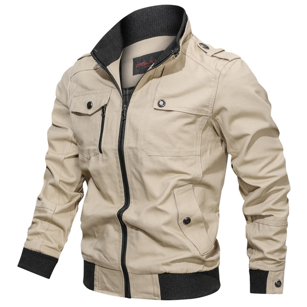 Men's Casual Stand-up Collar Jacket With Multi Pockets Men Solid
