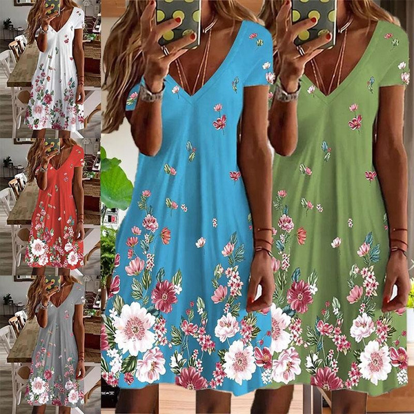 Fashion Women’s Flower Floral Printed Midi Dress Summer Vneck Short