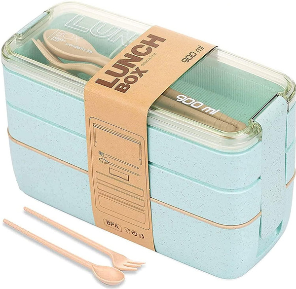 3 Pack Stackable Bento Box Japanese Lunch Box Kit with Spoon & Fork, 3-In-1  Compartment Wheat Straw Meal Prep Containers for Kids 