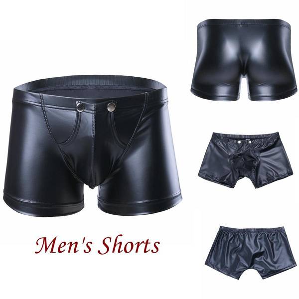 Men's Wet Look Faux Leather Boxer Shorts Press Button Bulge Pouch Booty ...