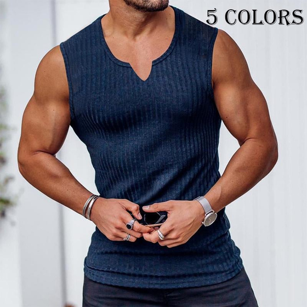 Men Summer V-Neck Wide Shoulder Tank Top Comfortable Solid Color Sport  Clothing Casual Sleeveless T-shirt