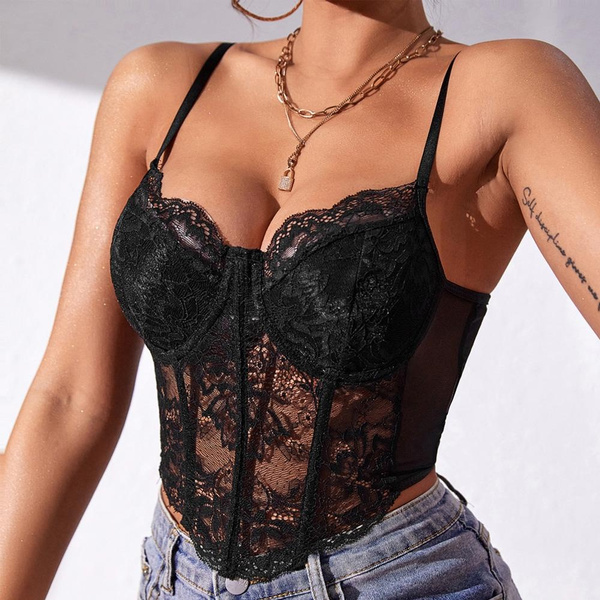 Women Sexy Bustier Corset Top Lace Up Push Up Crop Tops Vintage