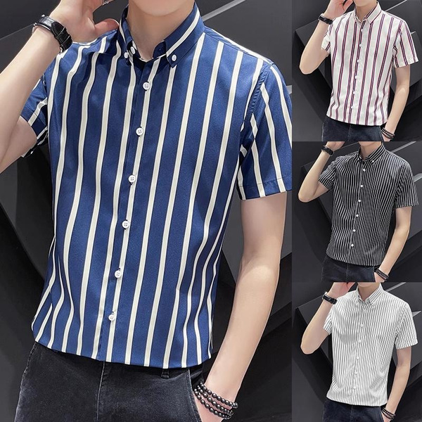 2023 Summer Shirts Men Dress Vertical Stripe Shirts Slim Men Casual ...