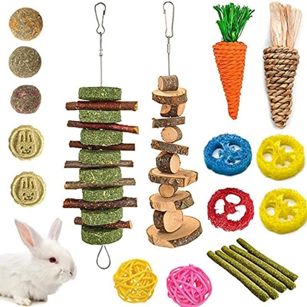 20 PCS Bunny Chew Toys for Teeth Natural Rabbit Toys Apple Wood Grass ...