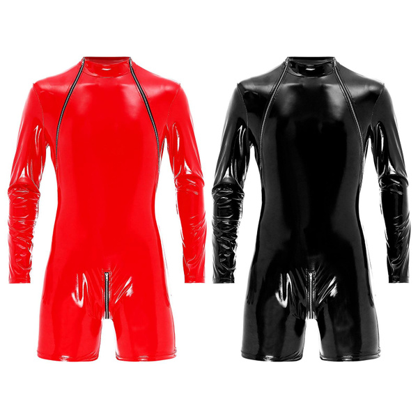 Mens Leather Zipper Crotch Long Sleeve Jumpsuit Wet Look Mock Neck Bodysuit Club Dance 3967