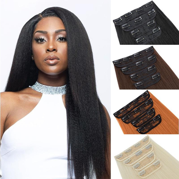 20" Yaki Straight Clip in Hair Extensions Full Head Thick Natural Hair