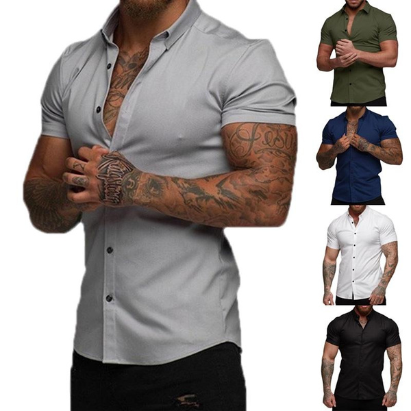 Men's Summer Button Up Shirt Solid Color Short Sleeve TShirts Men
