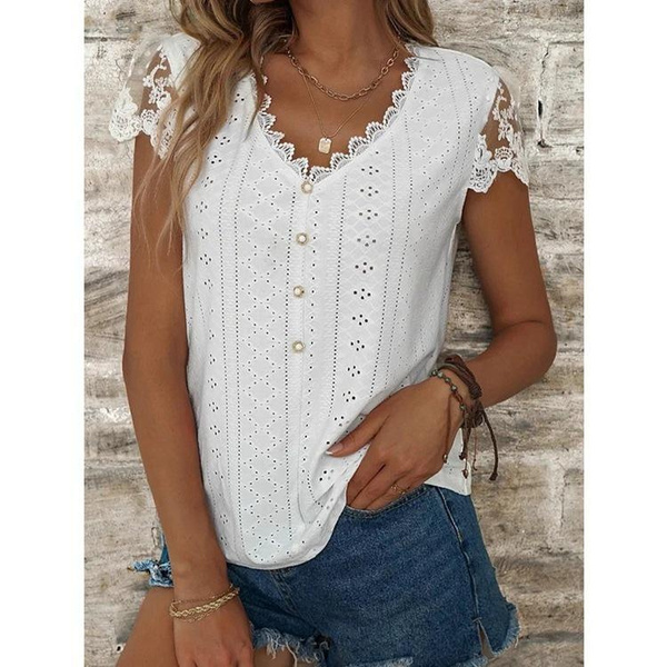 Women's Cold Shoulder Tops With Lace Sleeves - Short Sleeve V-Neck Blouse (Cotton Blend)