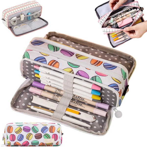 Pencil Case Grid Pencil Bag 3 Compartments Pencil Pouch Large Capacity Cute  Stationery Bag Canvas Cosmetic Bags For Women Teens Students School Office