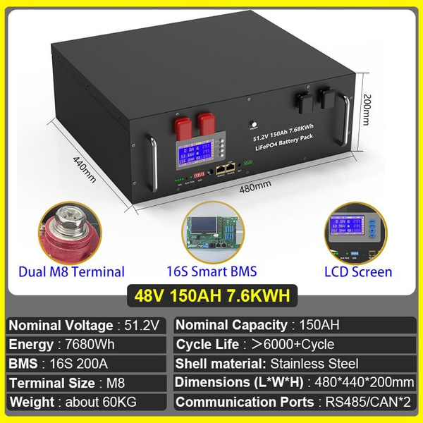 LiFePO4 48V 150Ah 100Ah 200Ah Battery Pack 51.2V 7KWh 10KWh Built-in ...