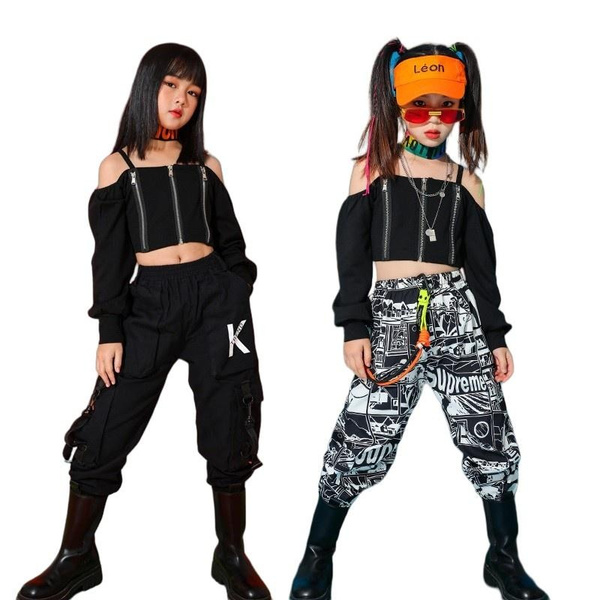 Kids Girls Hip Hop Jazz Stree Dance Costume Off-Shoulder Crop Tops ...