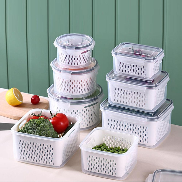 Produce Storage Fruit Containers For Fridge Refrigerator Organizer Bins  With Lid Drain Baskets Veggie and Berry