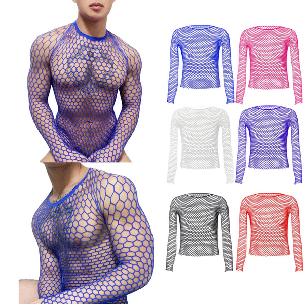 Mens Top Mesh Transparent Long Sleeve Muscle TShirt Net