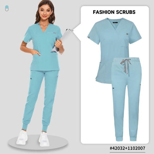 Hot Sales Elastic Nurse Uniform Women Short Sleeve Scrub Tops Working Pants  Jogger Blouse Doctor Spa Nursing Scrubs Sets