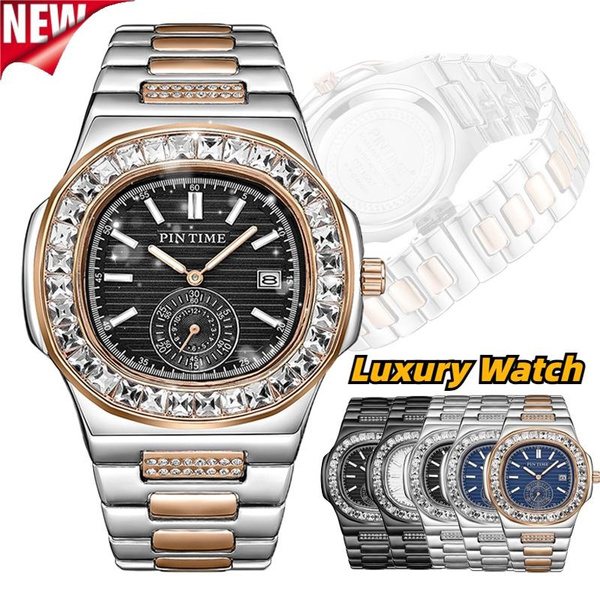 PINTIME Watch Lced Out Diamond Watch Quartz Gold HIP HOP Iced Out Watches  With Micropave Stainless Steel Watch for Men relogio - AliExpress