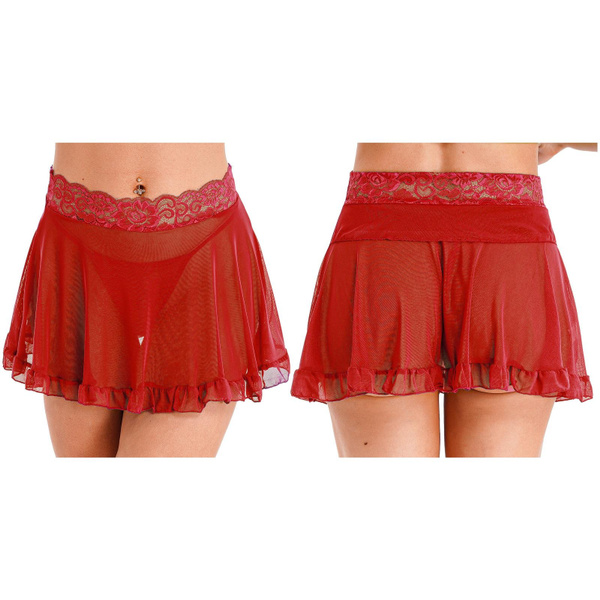 Women's Sheer Mesh Mini Skirts See-Through High Waist Solid Lingerie Skirt