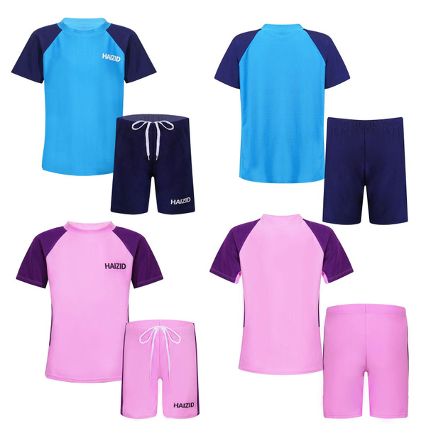 Girls' Short Sleeve Rashguard Swimsuit Set Sun Protection TwoPiece