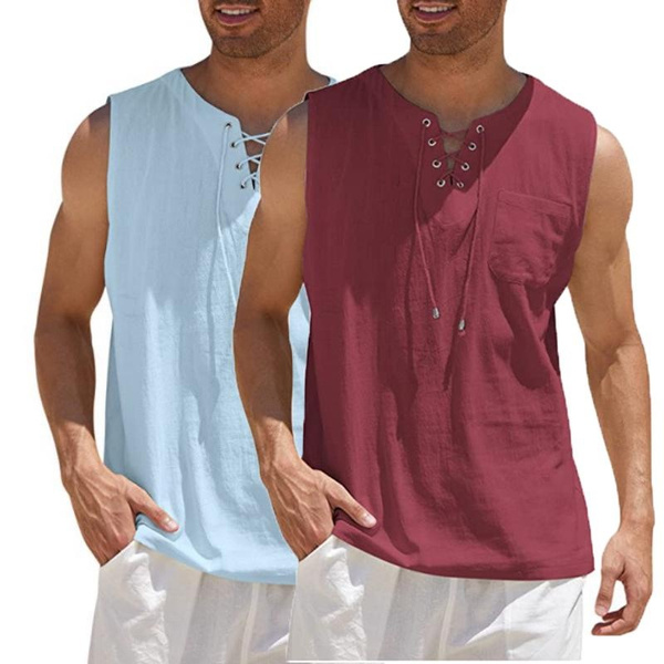 Men's Fitness Solid Color Tank Tops Casual Sleeveless VNeck Lace Up