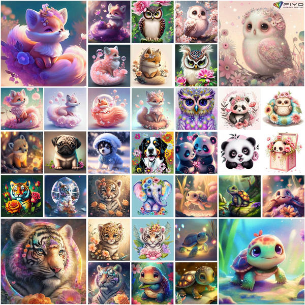 FIYO Tiger, Fox, Turtle and Owl Animals DIY 5D Diamond Painting Full Drill  with Number Kits Home and Kitchen Fashion Mosaic Diamond Painting Canvas  Wall Decoration Gift Crafts for Adults and Kids(Size:Full