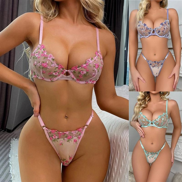 Fashion Women s Lingerie Set FloralLace Mesh Bra and Panty 2PCS Babydoll Underwear Bikini Erotic Sleepwear Sets