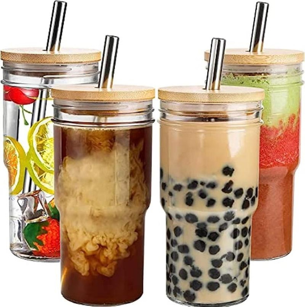 Glass Smoothie Iced Coffee Cup With Glass Straw And Bamboo Lid