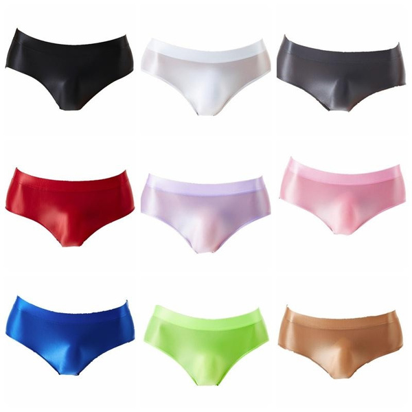 Mens Shiny Oil Silk Bulge Pouch Bikini Thong Underwear Briefs Swimwear ...