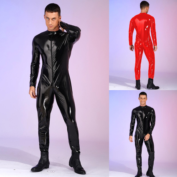 Mens Wet Look Patent Leather Leotard Bodysuit Zipper Catsuit Jumpsuit ...