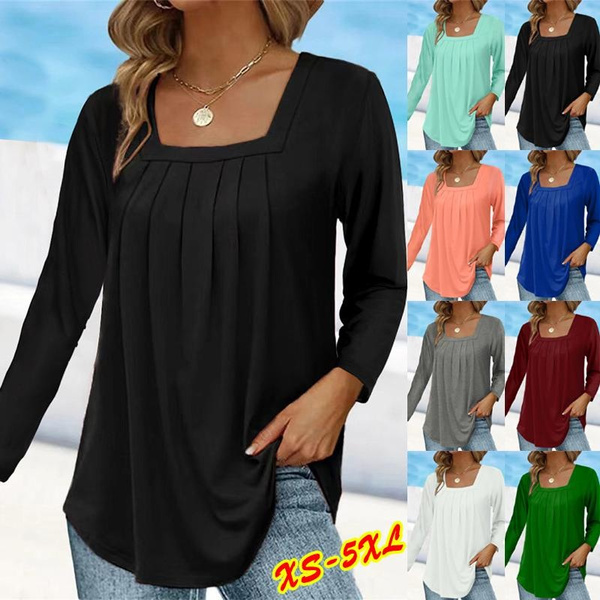 XS-5XL Womens Fashion Clothing Long Sleeved Square Neck Tops Comfy ...