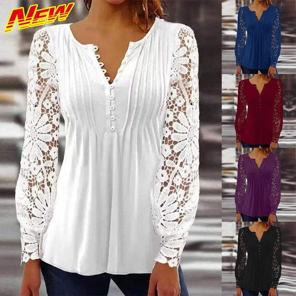 New Fashion Women's Lace Patchwork Long Sleeve T-Shirts Casual Solid Color  Blouses Elegant Button V-neck Pullover Tops Plus Size