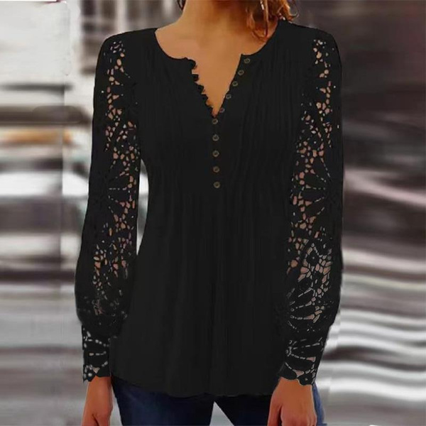 Plus Size Fashion Women's Solid Color Pullover Tops Elegant Lace Patchwork Long Sleeve T-Shirts ...