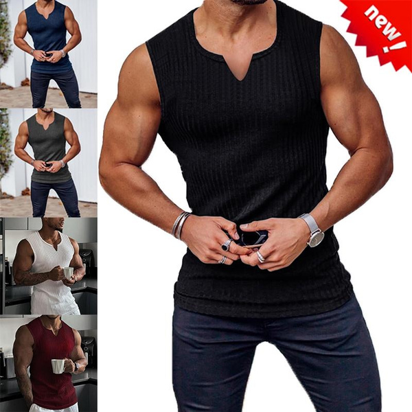 New Men Summer Tank Top Solid Color Sleeveless Vest Tops Gym Fitness ...