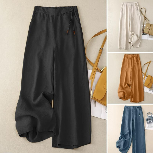 Fashion Women Elastic Waist Cotton Wide Leg Pants Baggy Long