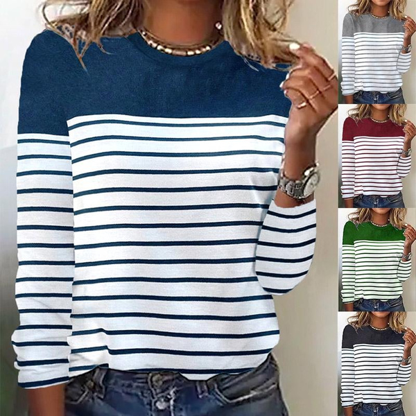 XS-6XL Womens Fashion Clothing Plus Size Tops for Woman Casual Long Sleeved  Striped T-shirts Ladies Crew Neck Shirts Loose Blouses