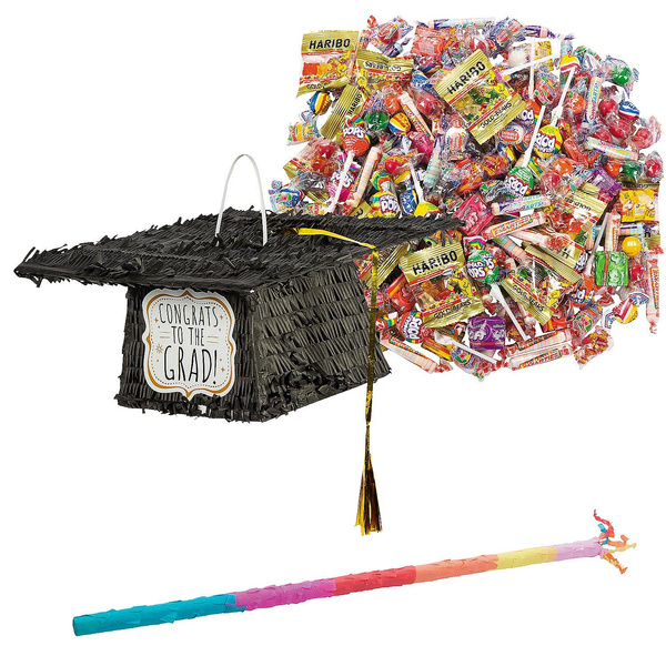 Foilswirl 2024 Graduation Pinata 15.75 Inch Congrats Grad Cap Pinata Black Gold End Of Year Pinata With Bat And Blindfold Confetti For College Graduation Party Decorations Supplies