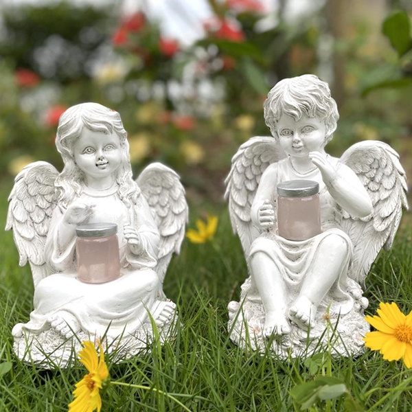 Solar Lamp Angel Boys and Girls Sculpture Resin Holding Lamp Lighting ...