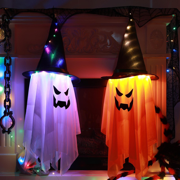 Halloween Hanging Light Ghost Shaped LED Ghost Lamp BatteryPowered Colorful Witch Hats Ghost