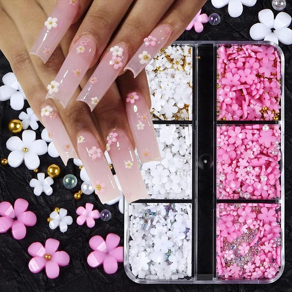 1 Boxes 3D Flower Nail Art Charms White Pink Nail Charms for Acrylic Nails  Gold Silver Pearls Nail Supplies Spring Blossom Gems Nail Accessories for  Women DIY Nail Decorations