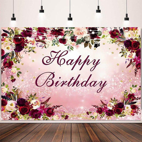 1pc Polyester Pink Flower Birthday Backdrop Happy Birthday Background